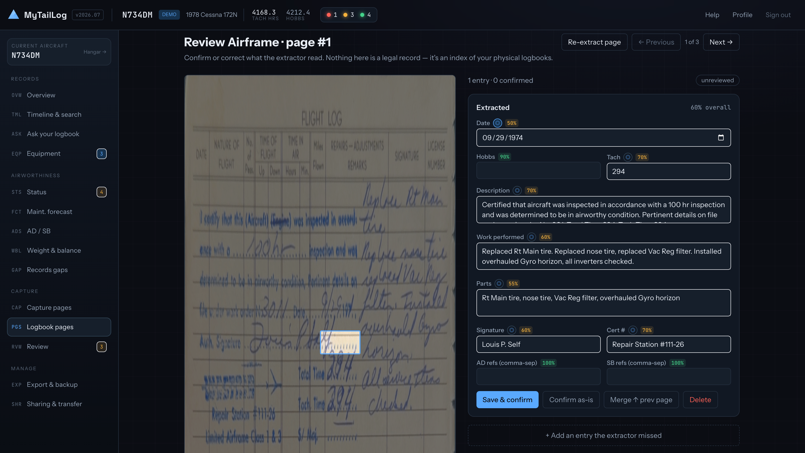 The review screen: a handwritten 1979 logbook page on the left, the extracted entry on the right with a confidence percentage beside each field and the uncertain ones flagged