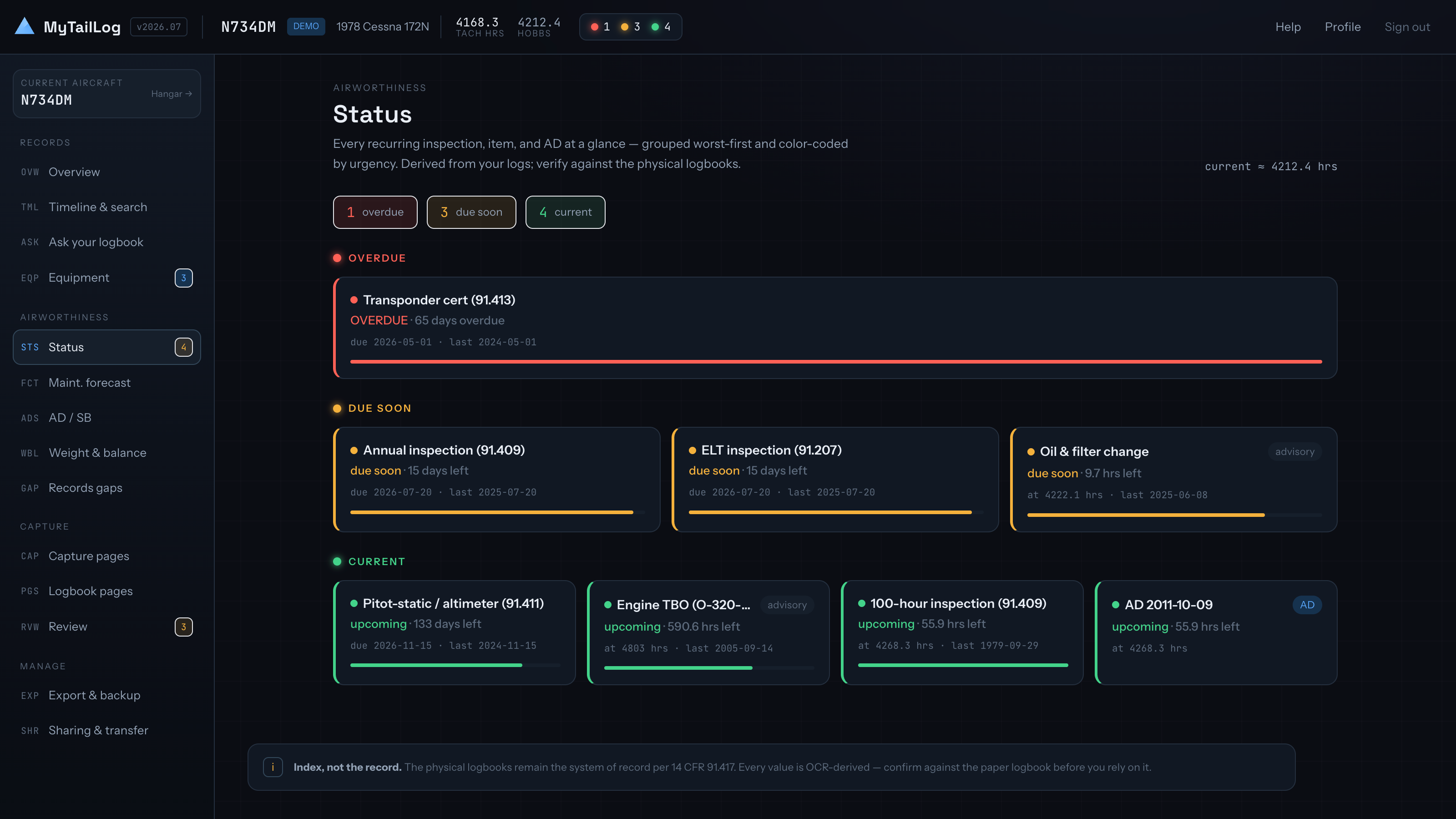The Status grid: inspections, maintenance items and airworthiness directives listed by urgency, each with hours and dates remaining