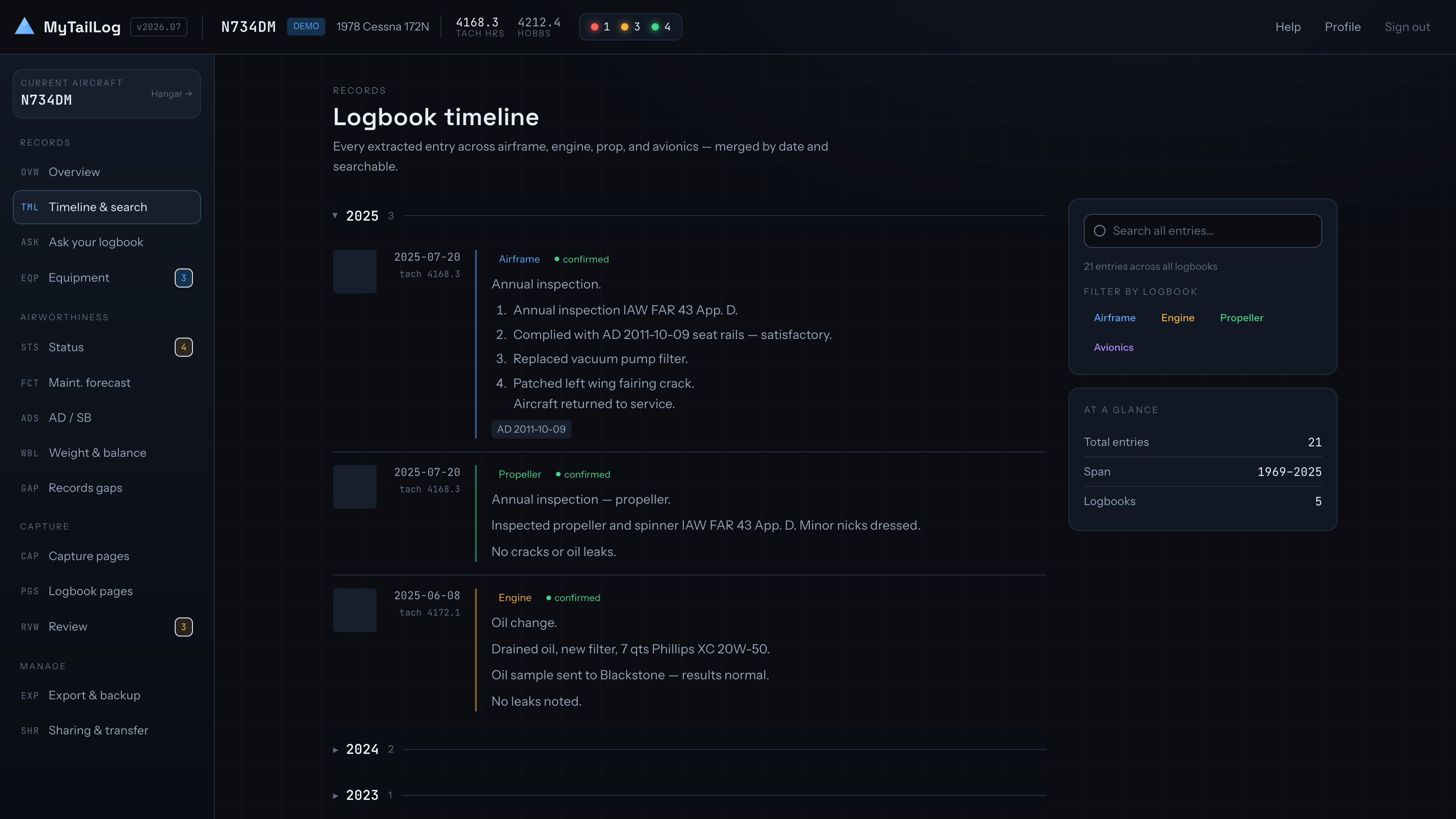 Timeline and search: log entries from every logbook merged into one chronological list with a search field and per-book filters