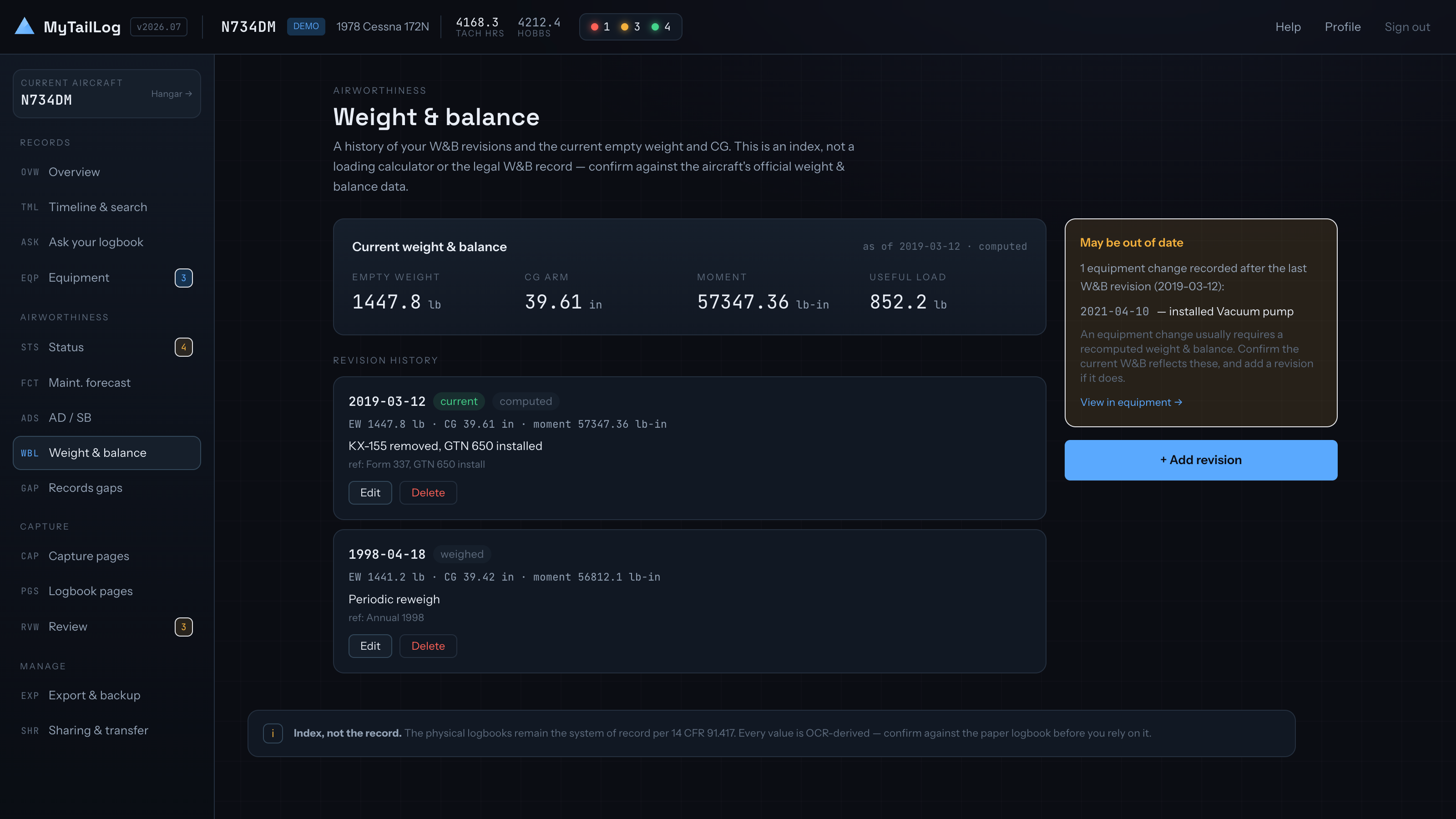 Weight and balance: current empty weight, CG and useful load above a list of dated W&B revisions